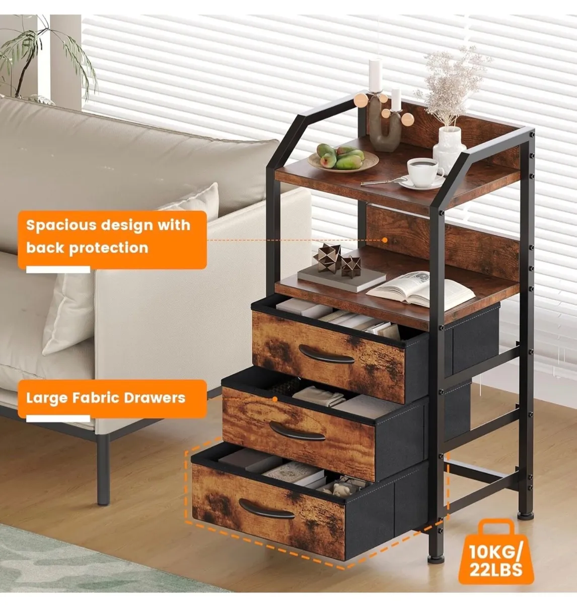 Bedside Table with 3 Fabric Drawers & Open Shelf, - Image 3