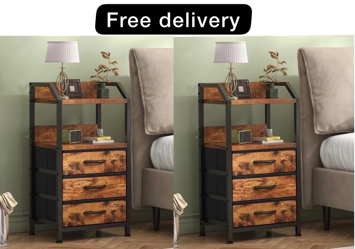 Bedside Table with 3 Fabric Drawers & Open Shelf, - Image 1