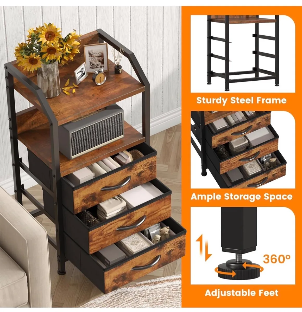 Bedside Table with 3 Fabric Drawers & Open Shelf, - Image 4
