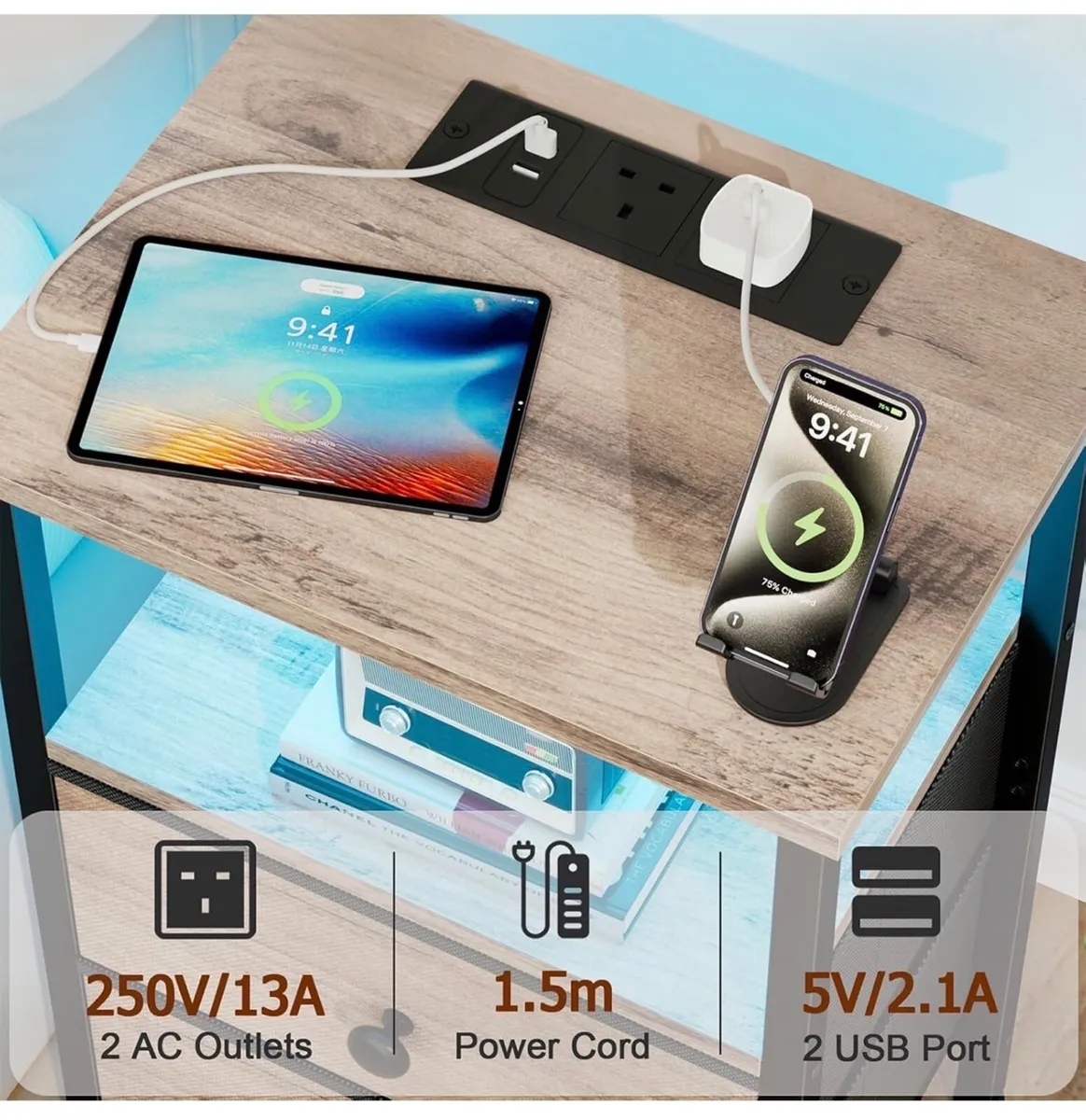 Bedside Table, Side Table with Charging Station, B - Image 3