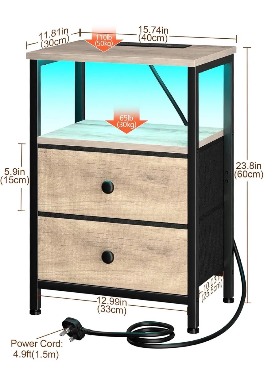 Bedside Table, Side Table with Charging Station, B - Image 4