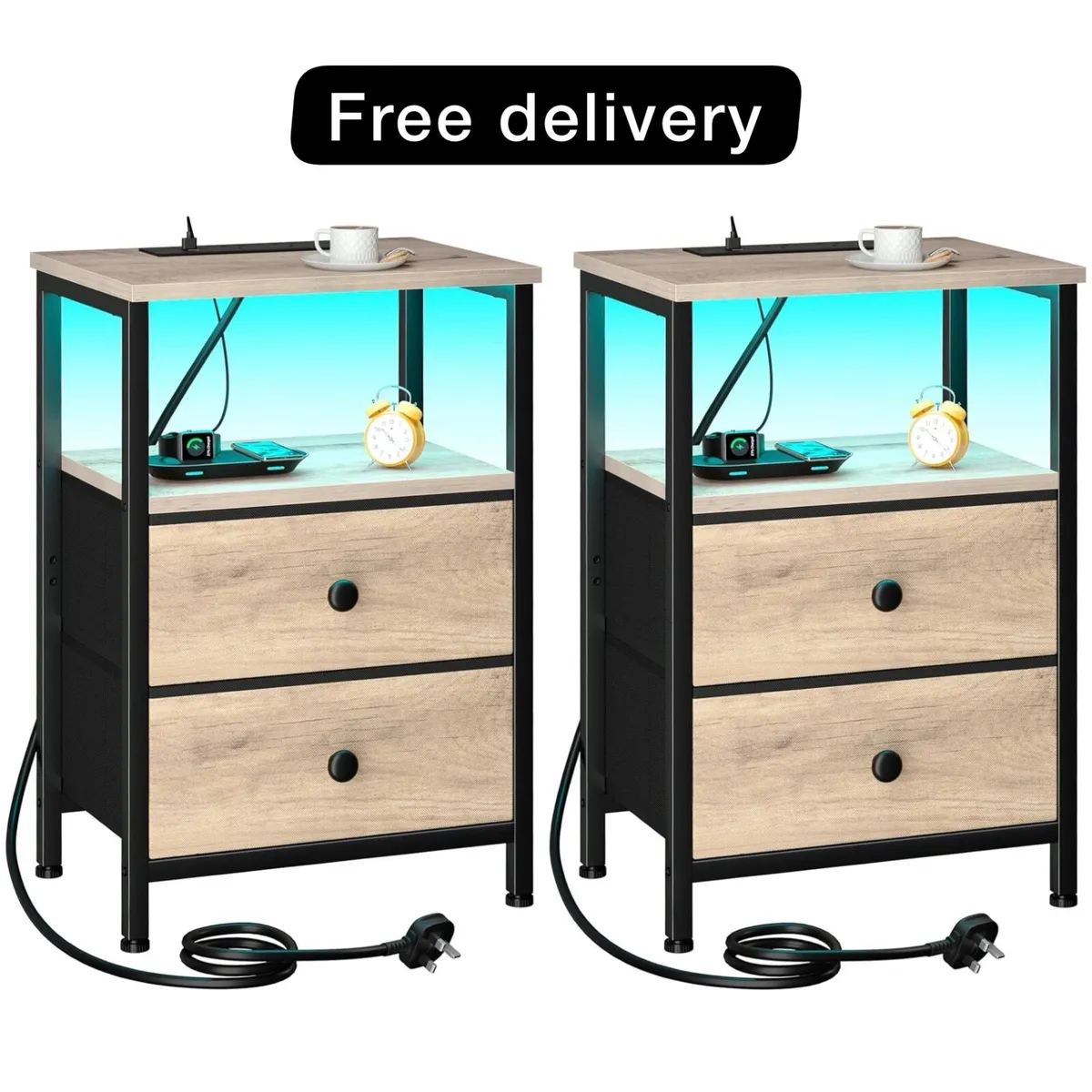 Bedside Table, Side Table with Charging Station, B - Image 1