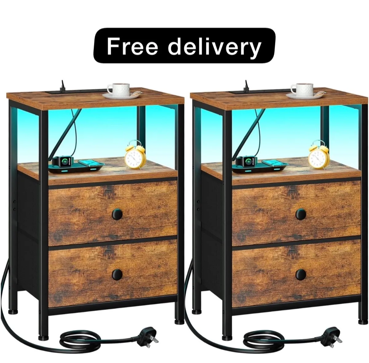 Bedside Table, Side Table with Charging Station, B - Image 1