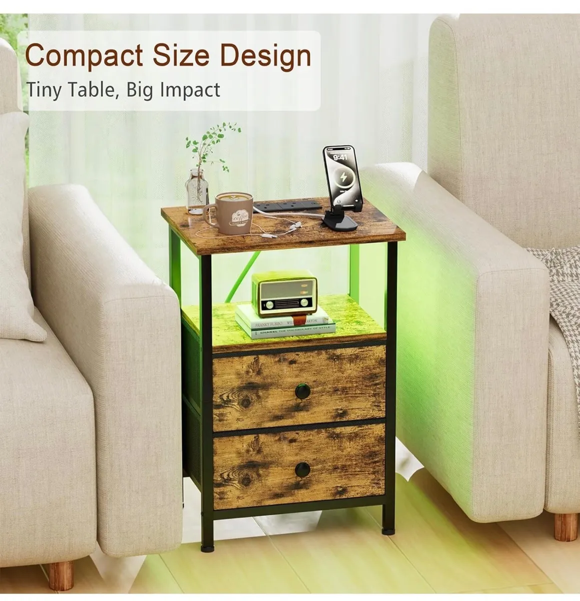 Bedside Table, Side Table with Charging Station, B - Image 2