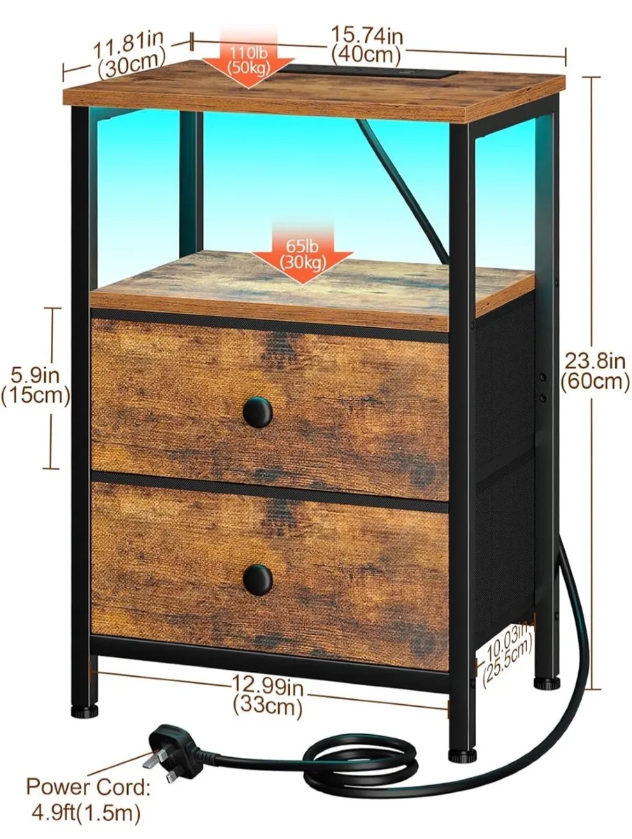 Bedside Table, Side Table with Charging Station, B - Image 3
