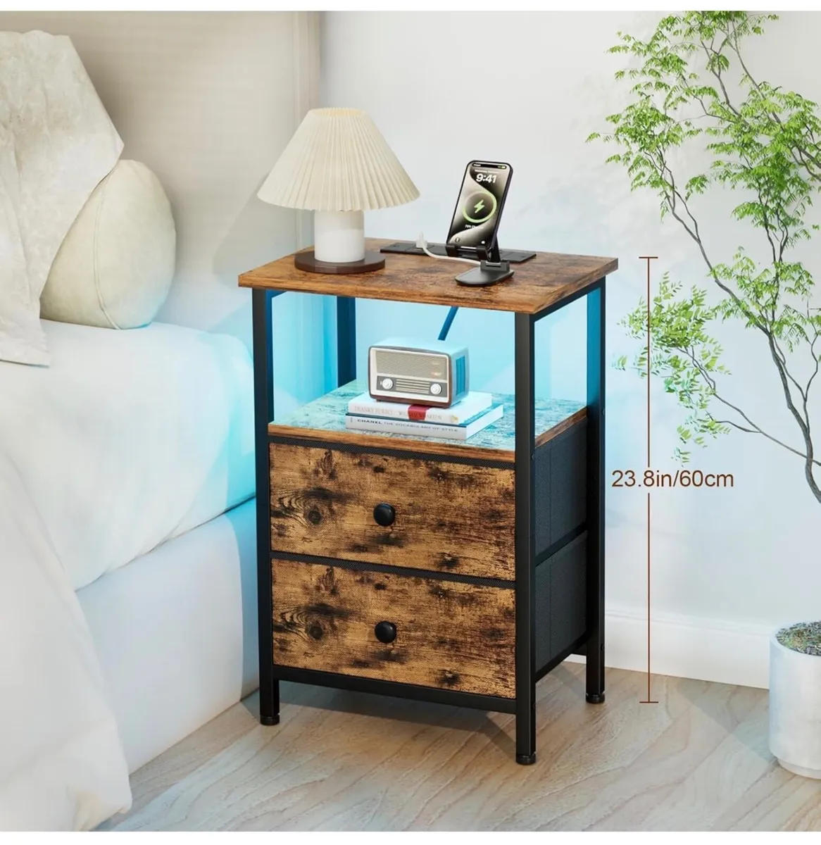 Bedside Table, Side Table with Charging Station, B - Image 4