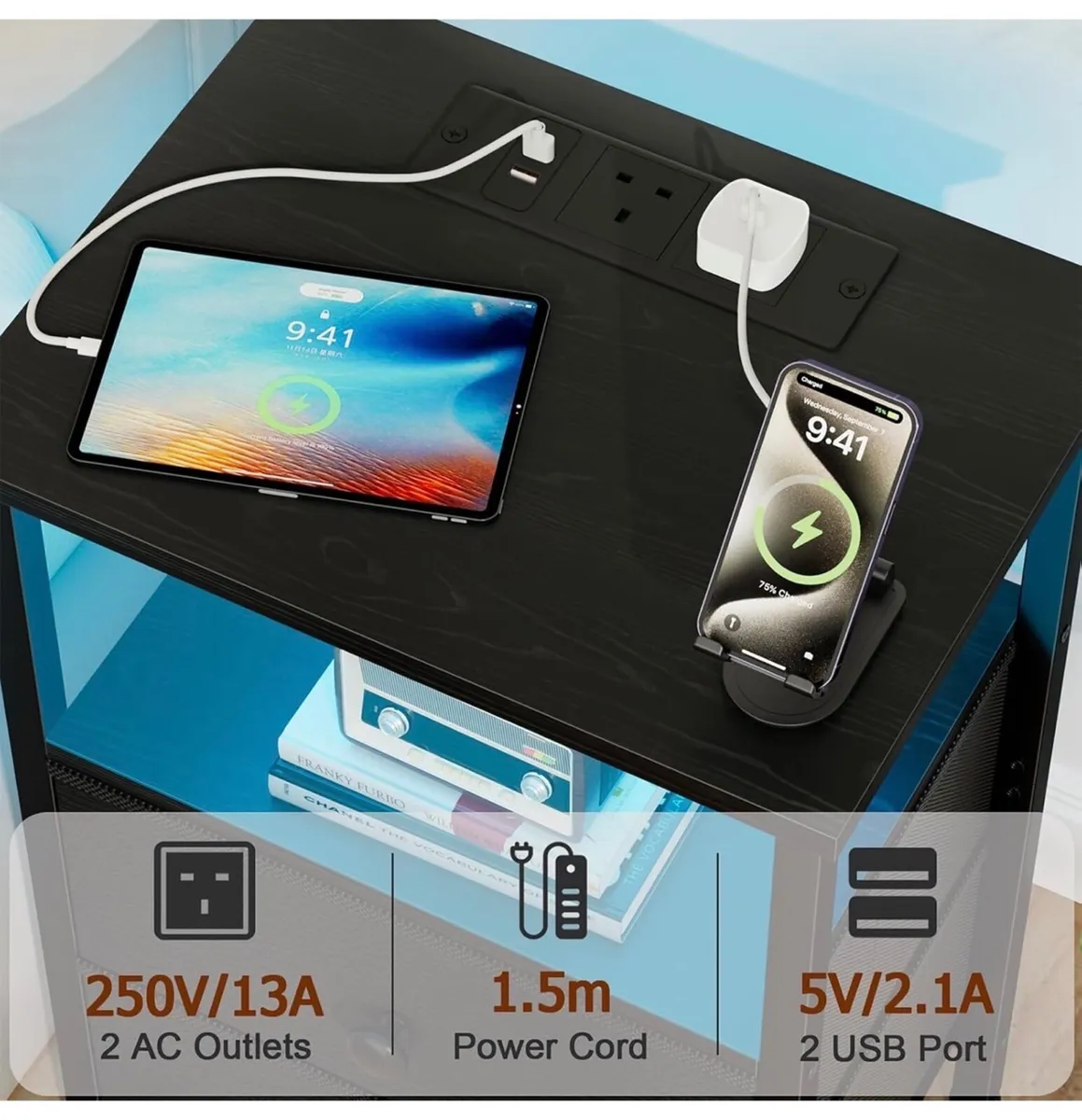 Bedside Table, Side Table with Charging Station, B - Image 3