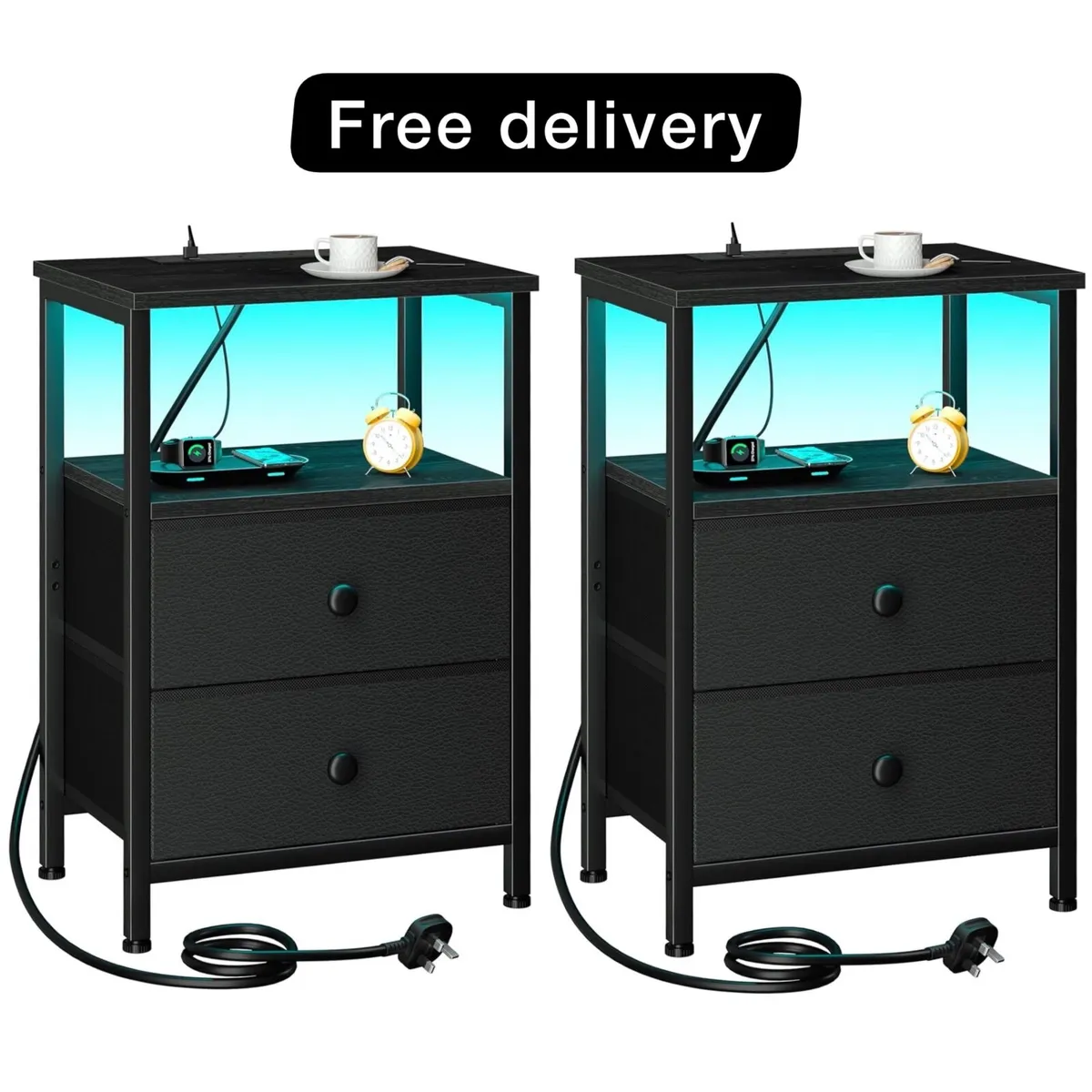 Bedside Table, Side Table with Charging Station, B - Image 1
