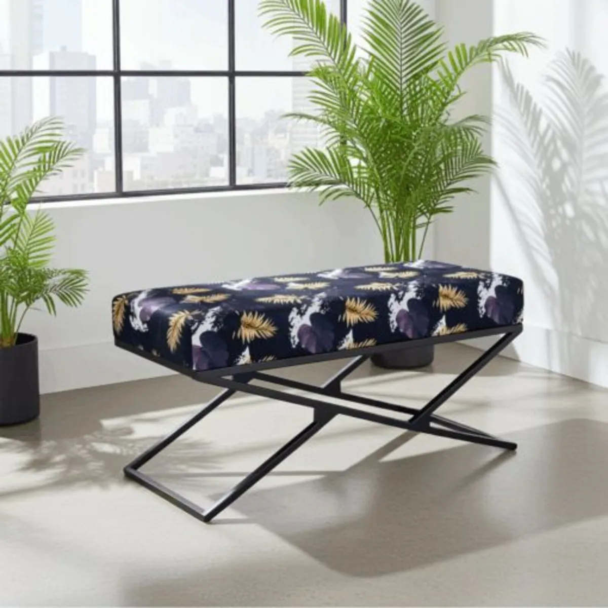 Metal-Framed Velvet Bench 100x40cm Modern X-Frame - Image 2