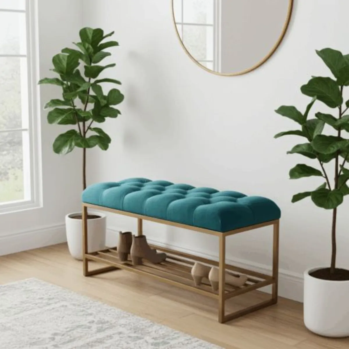 Teal Velvet Upholstered Bench Gold Metal Shoerack - Image 1