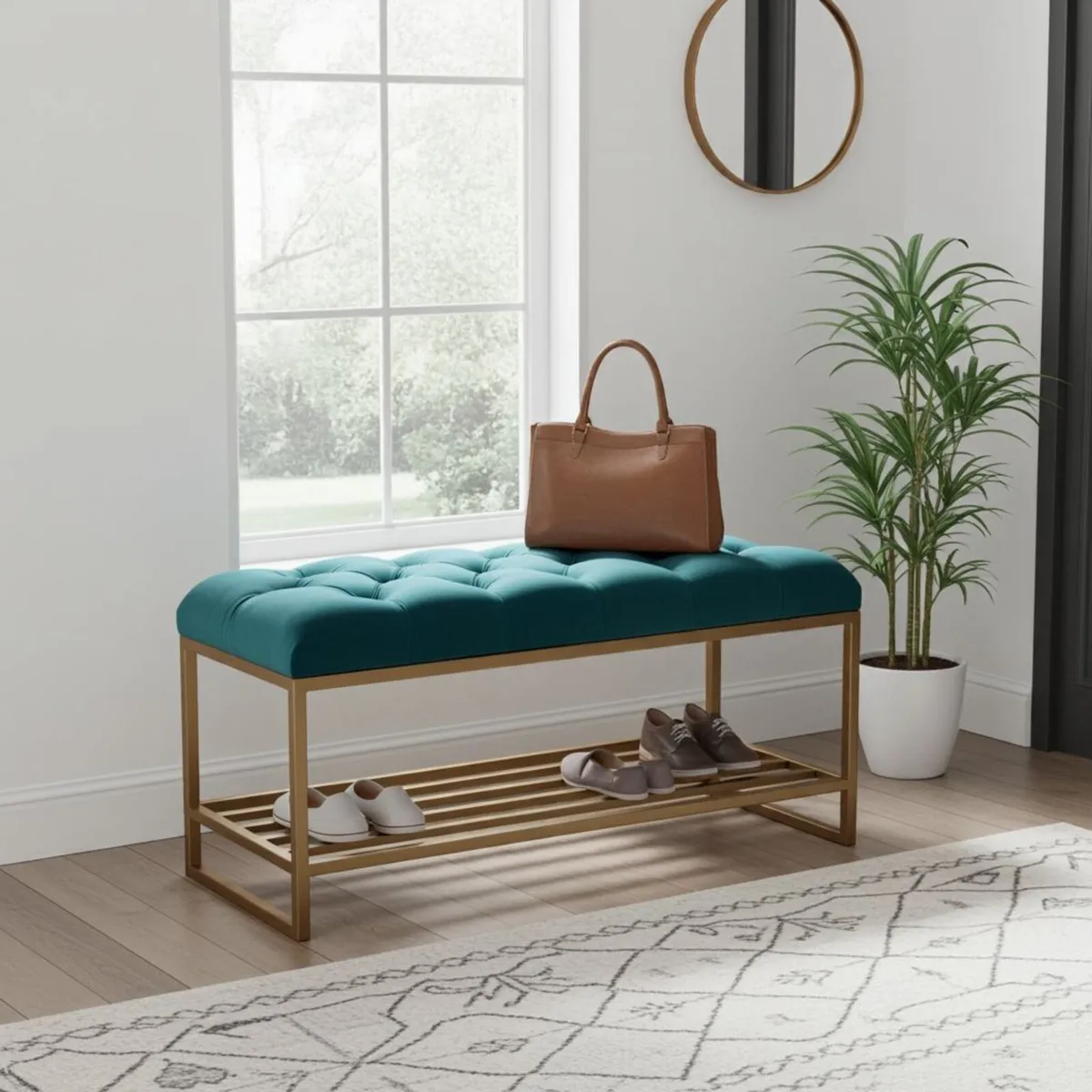 Teal Velvet Upholstered Bench Gold Metal Shoerack - Image 3