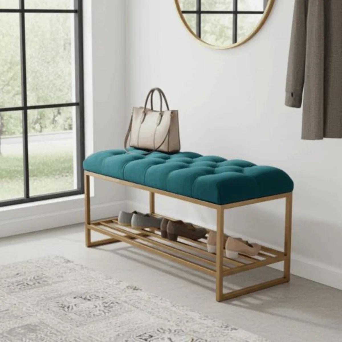 Teal Velvet Upholstered Bench Gold Metal Shoerack - Image 2