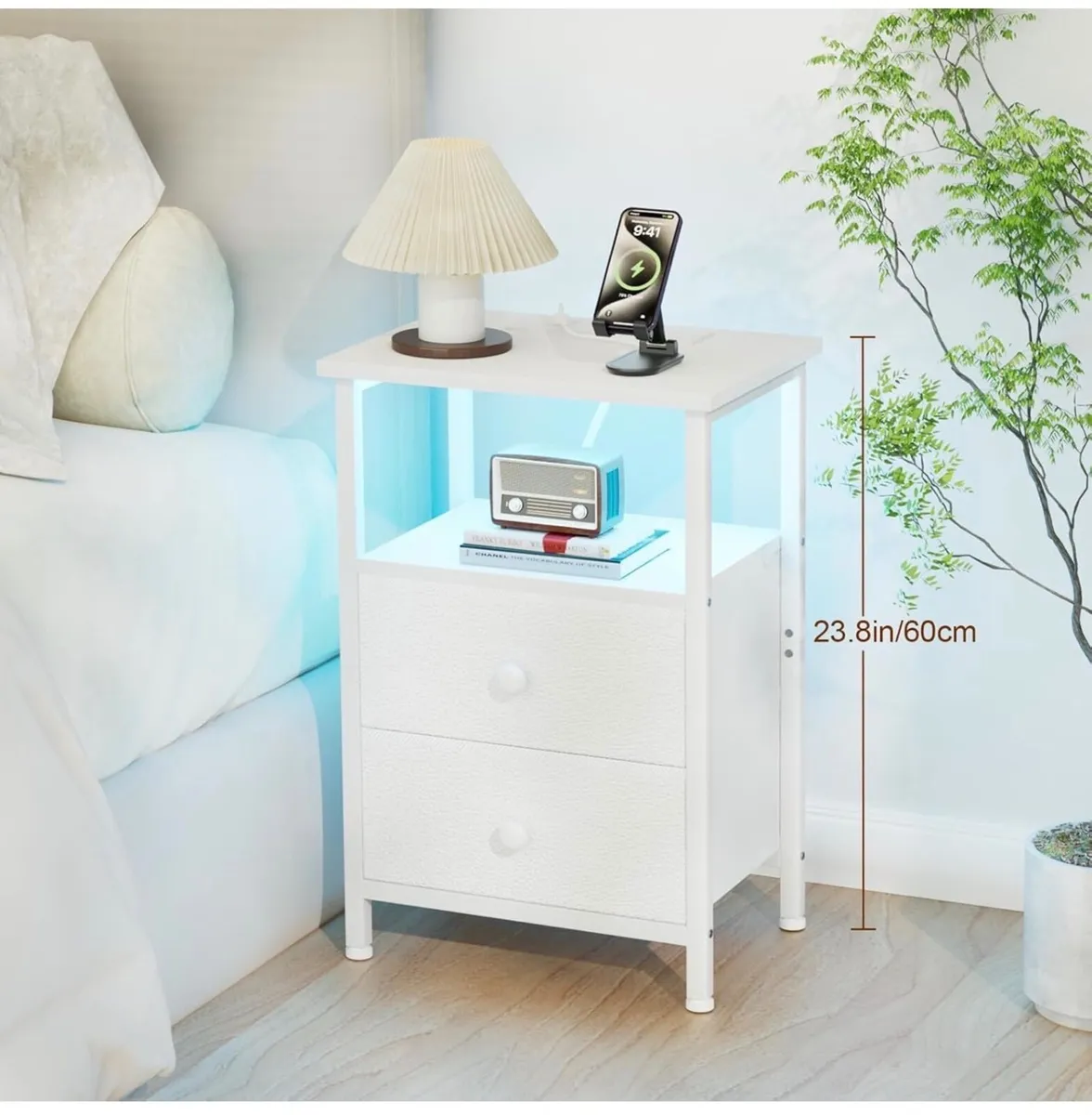 Bedside Table, Side Table with Charging Station, B - Image 2