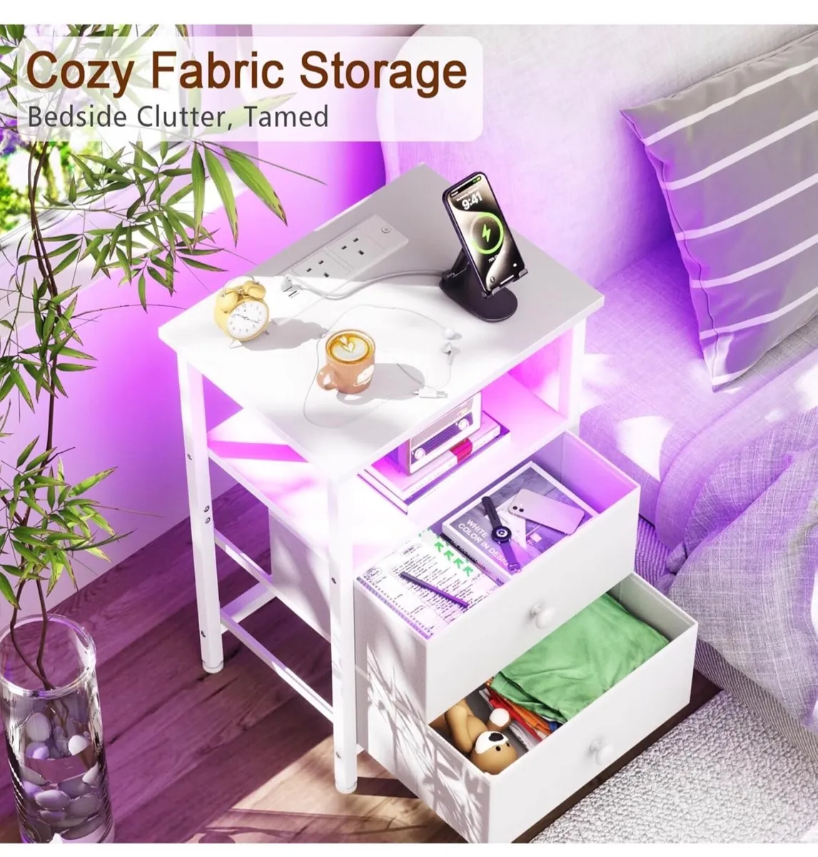 Bedside Table, Side Table with Charging Station, B - Image 4