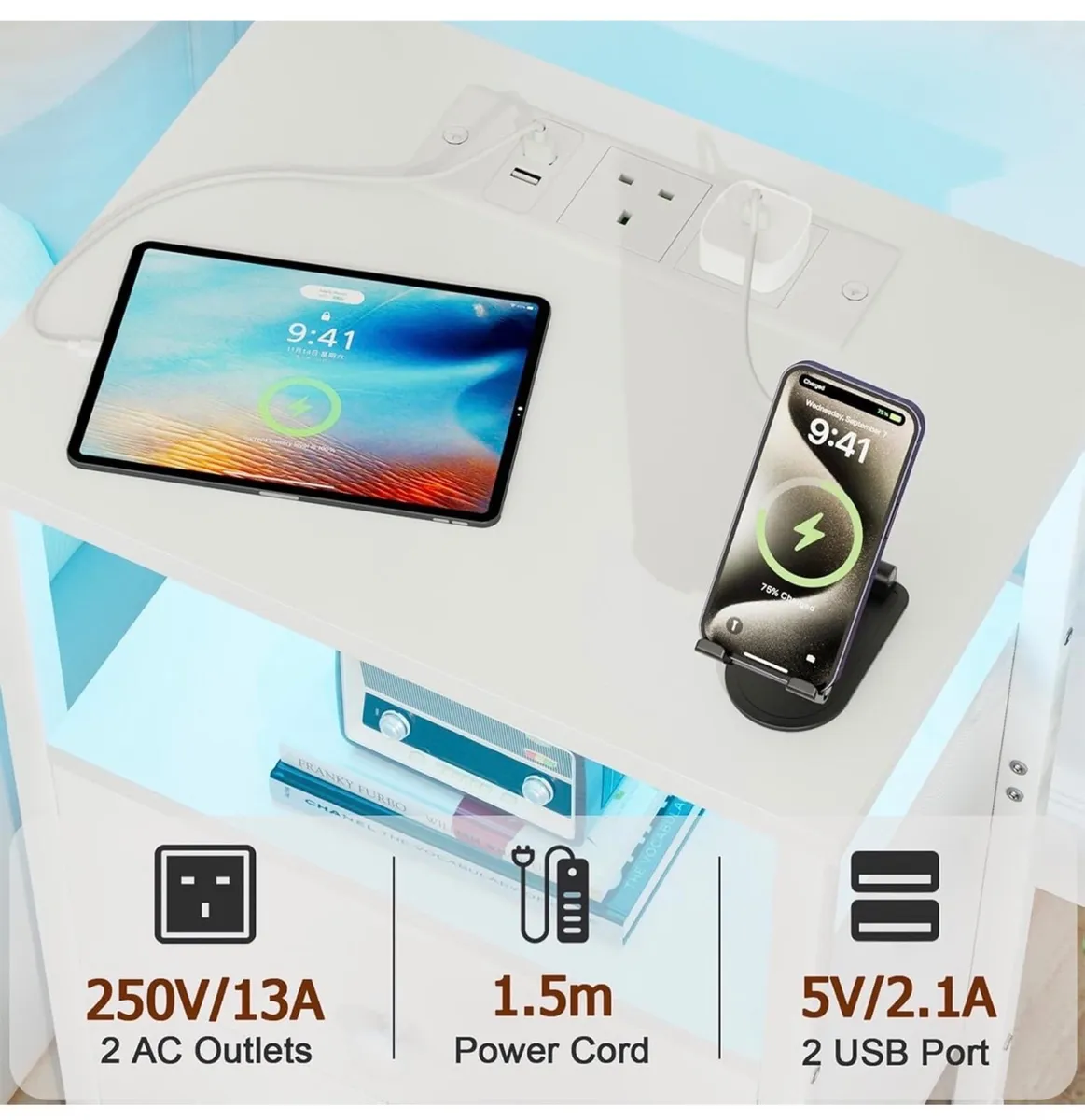 Bedside Table, Side Table with Charging Station, B - Image 3
