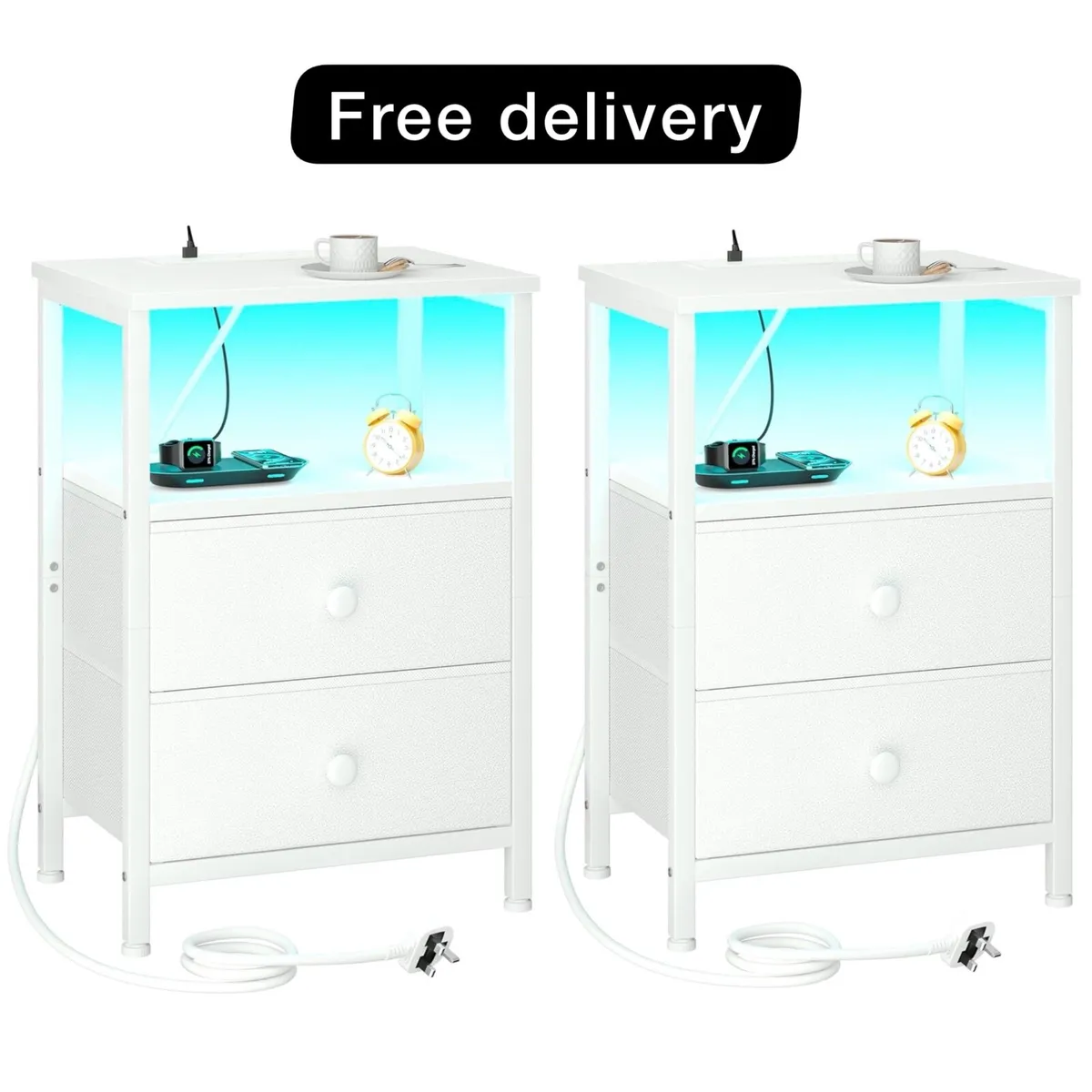 Bedside Table, Side Table with Charging Station, B - Image 1