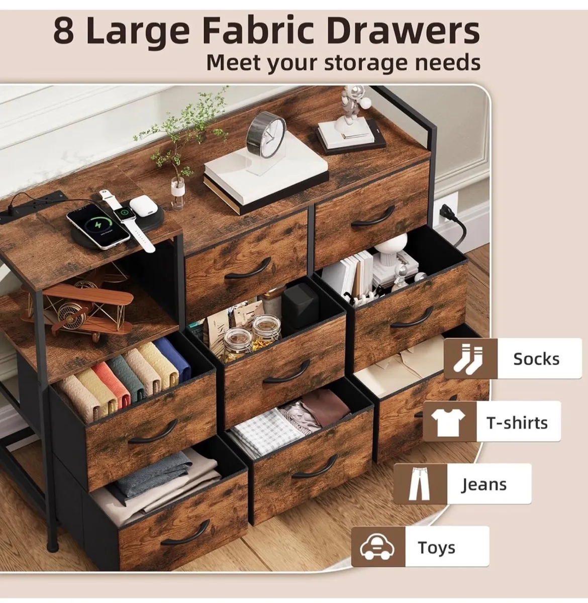 Chest of Drawers, Charging Station & Led, 8 Fabric - Image 3