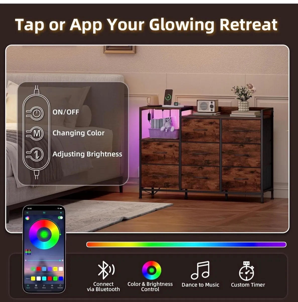 Chest of Drawers, Charging Station & Led, 8 Fabric - Image 4