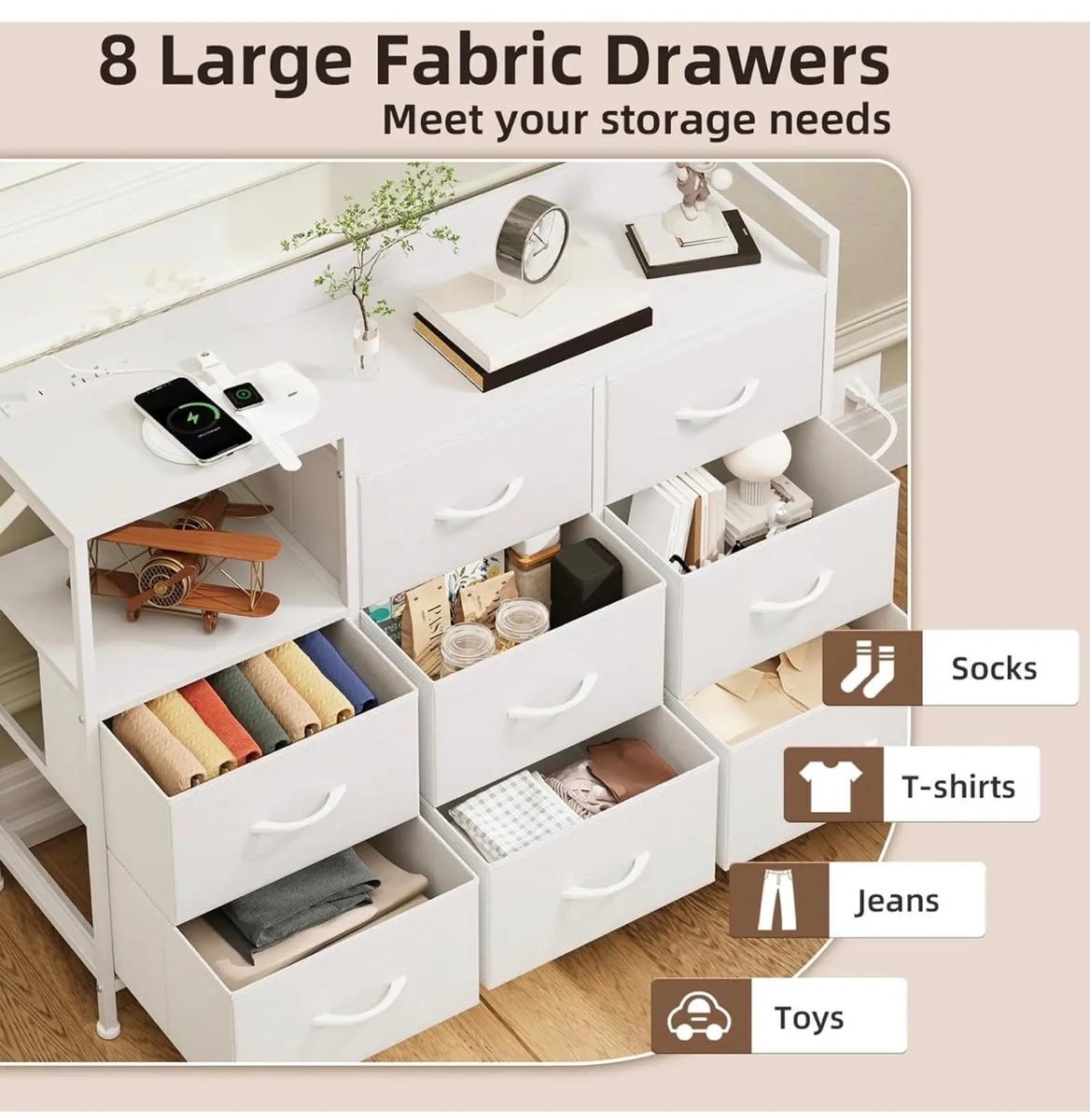 Chest of Drawers, Charging Station & Led, 8 Fabric - Image 3