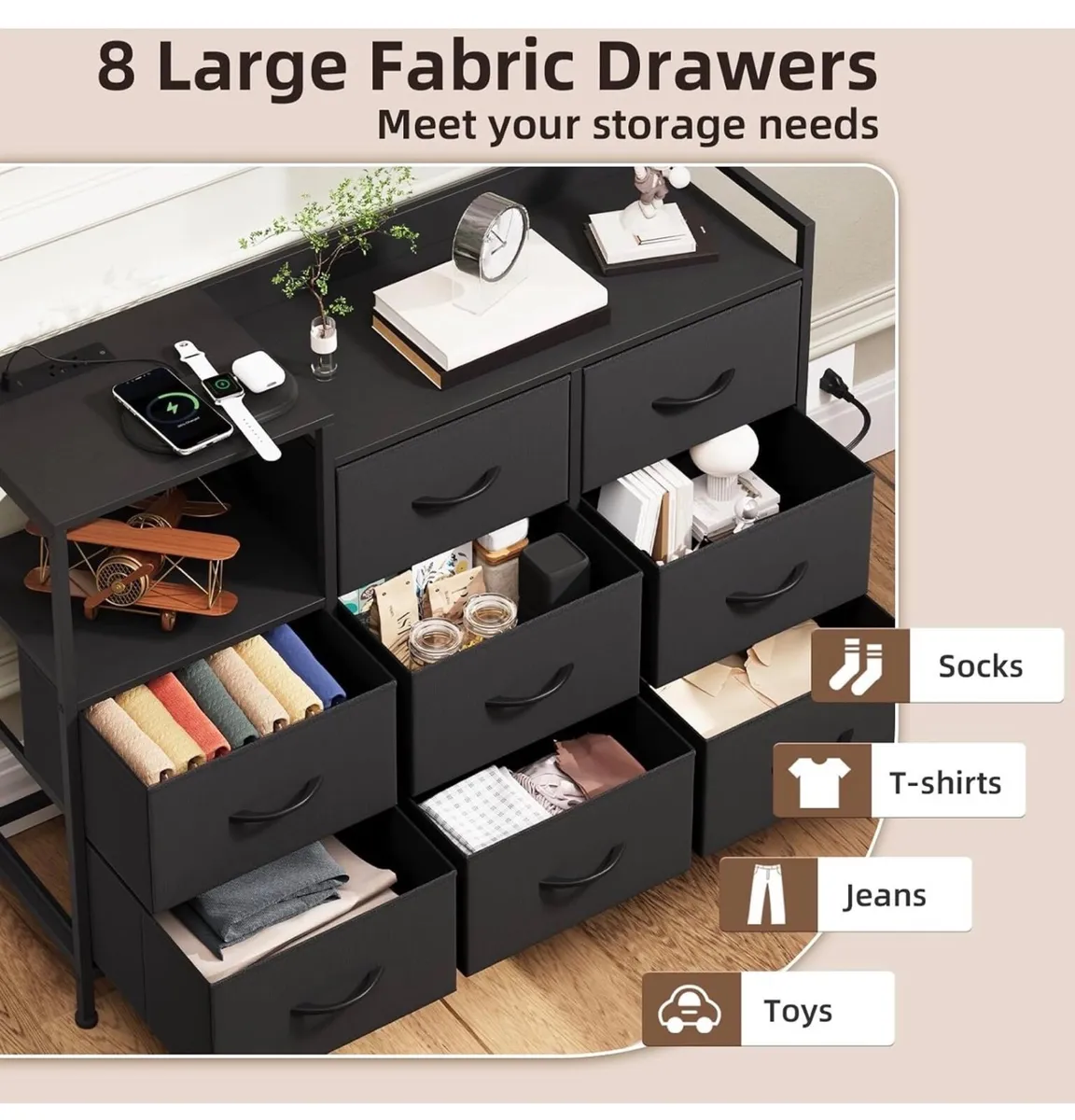 Chest of Drawers, Charging Station & Led, 8 Fabric - Image 3