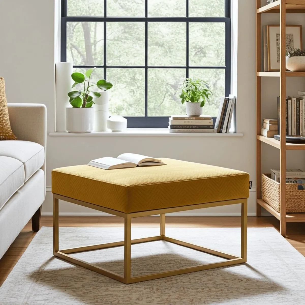 Gray Fabric Square Ottoman 60x60 Metal Frame - Image 2