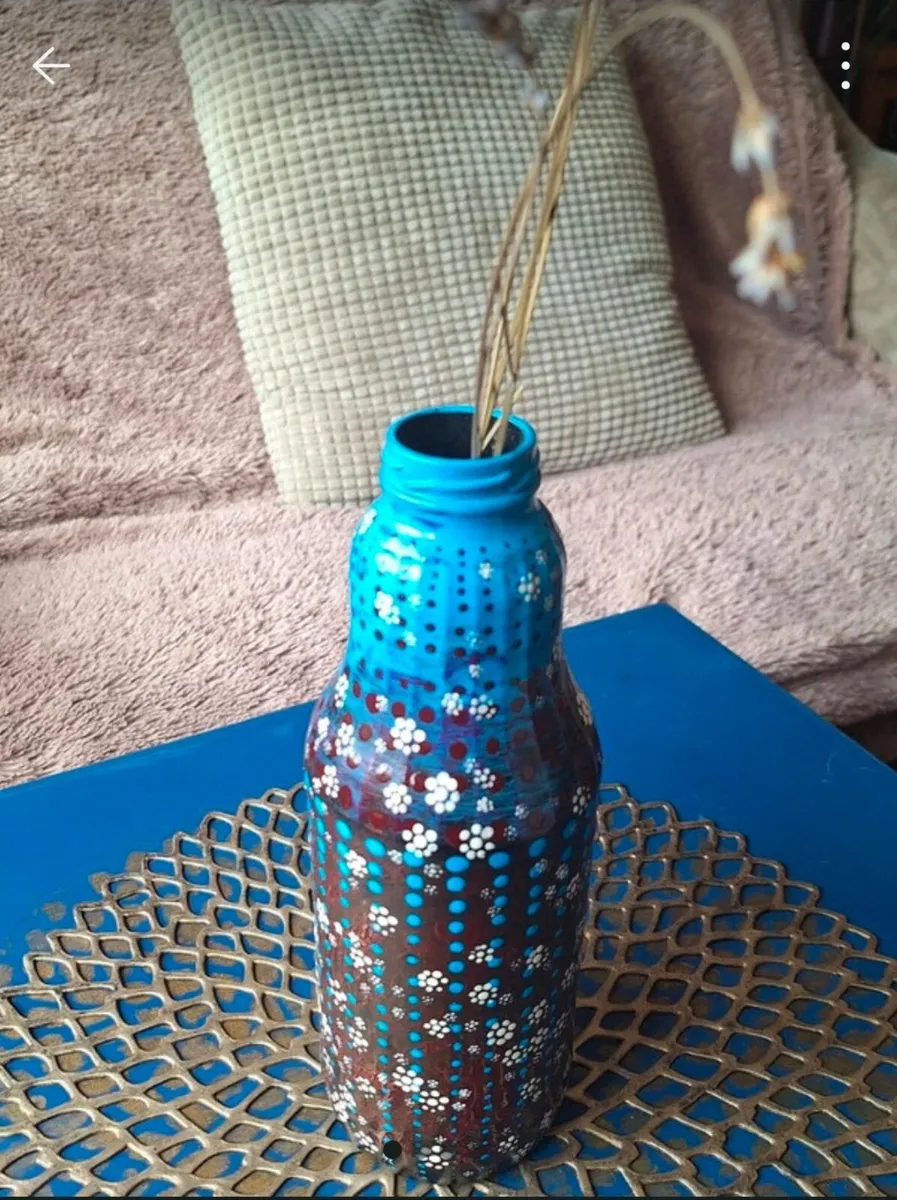 Hand Painted Blue and Brown Floral Bottle - Image 1