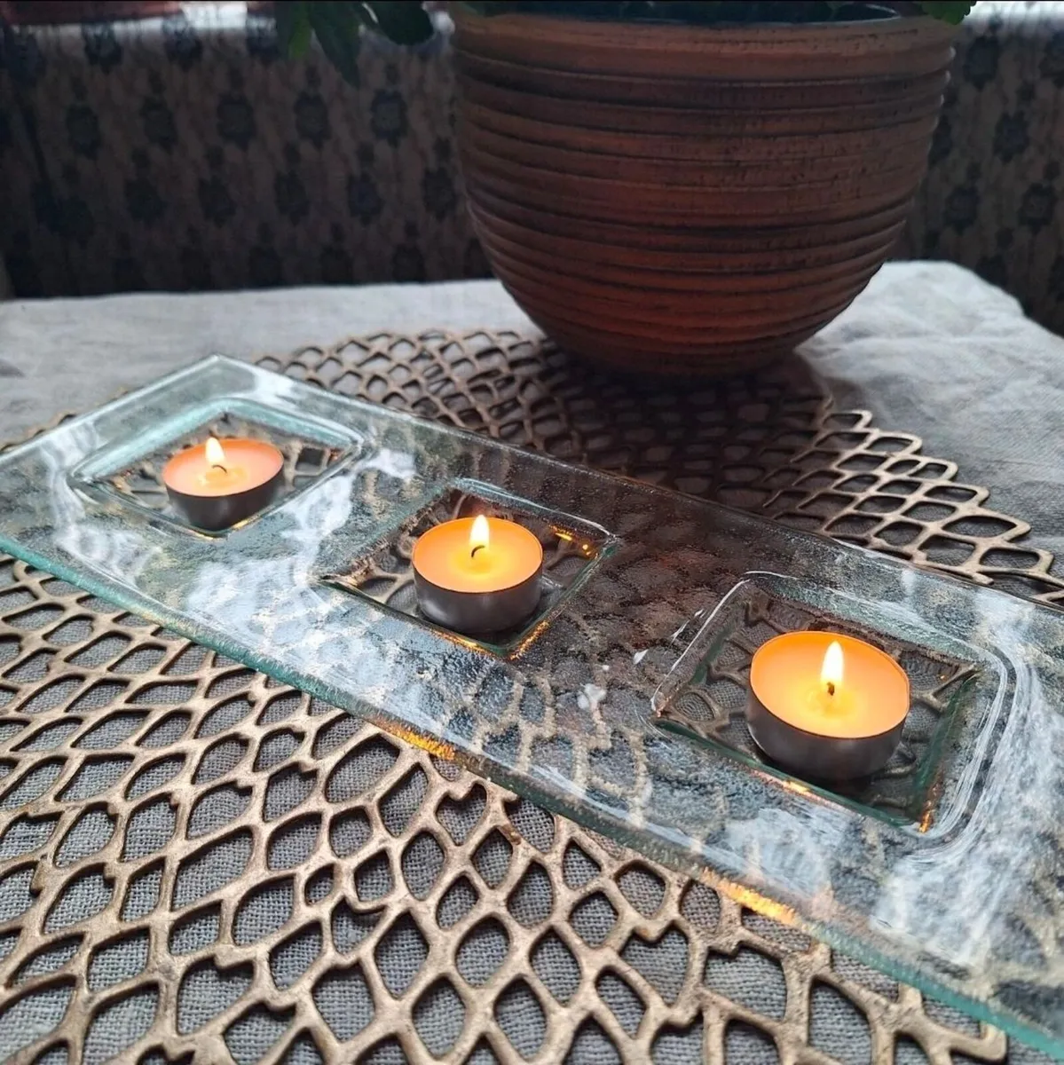 Handcrafted Fused Glass Three Tealight Holder - Image 4