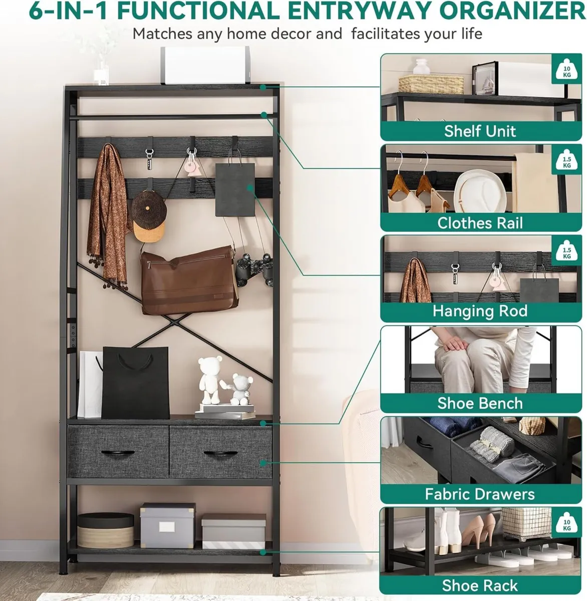 Coat Rack Stand with Shoe Storage Floorstanding - Image 3