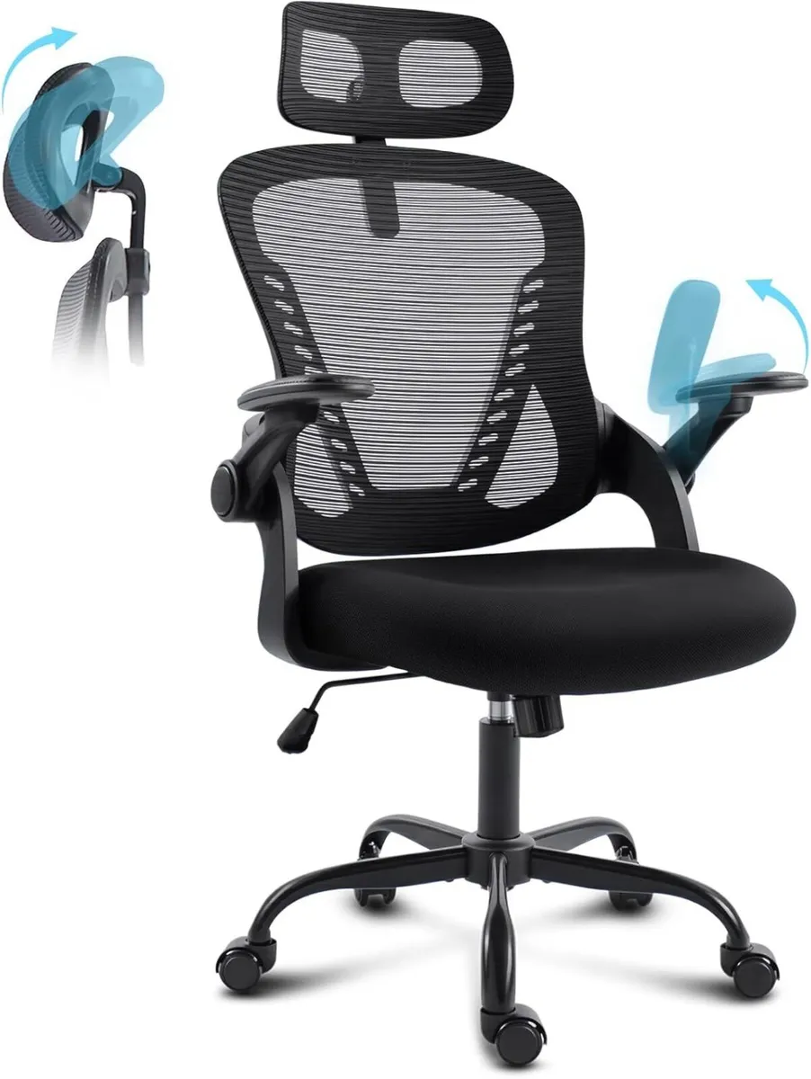 Office Chair with Headrest Mesh Desk Flip-Up - Image 1