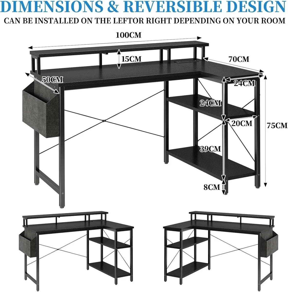 Reversible L-Shaped Gaming Desk with Power Sockets - Image 3