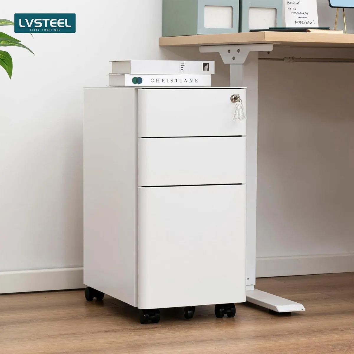 3-Drawer Metal Filing Cabinet on Wheels Fully - Image 2