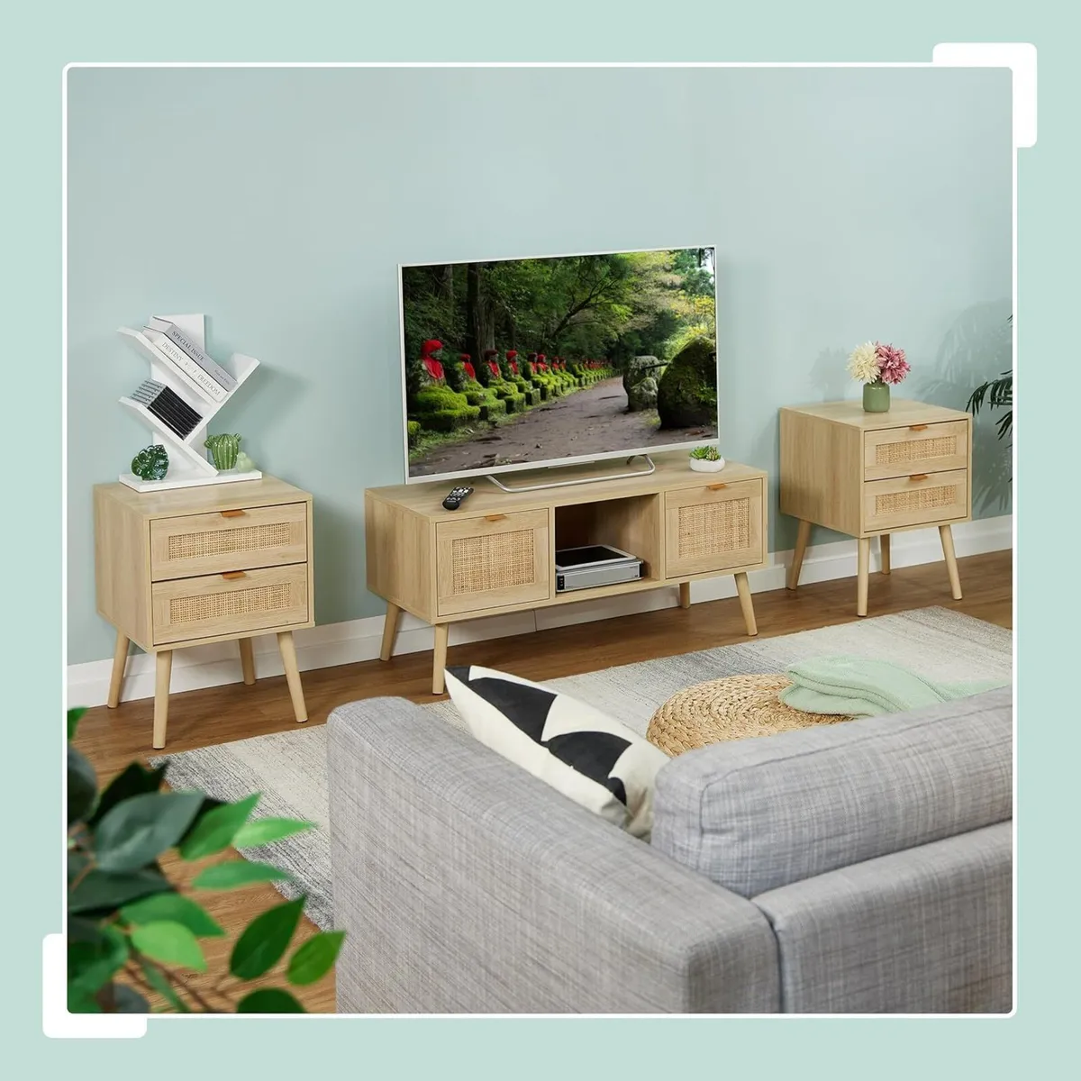 Bedside Table Doppel-Pack with Rattan Drawers - Image 2