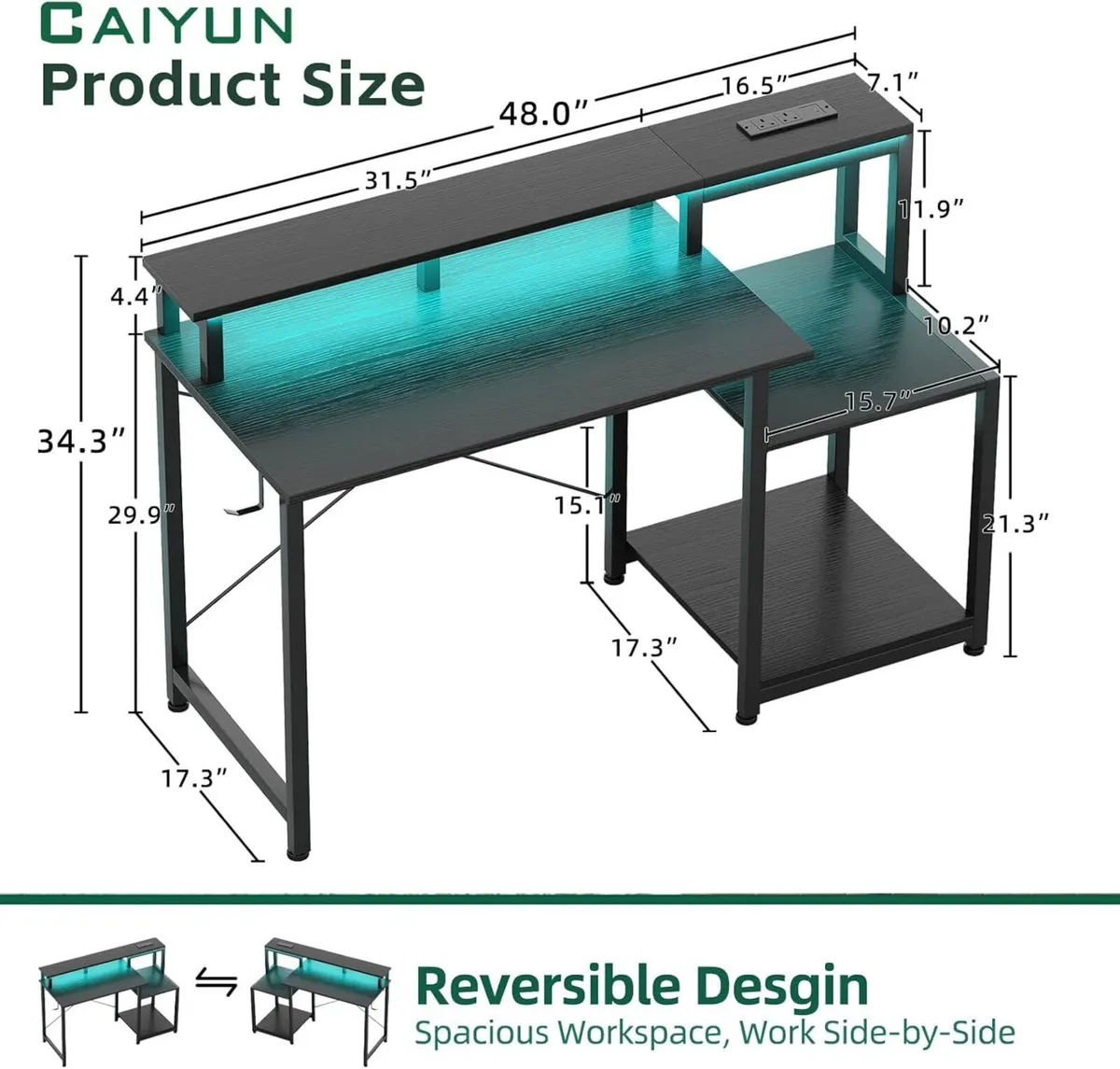 Gaming Desk with LED Lights Power Outlets 120x50CM - Image 3