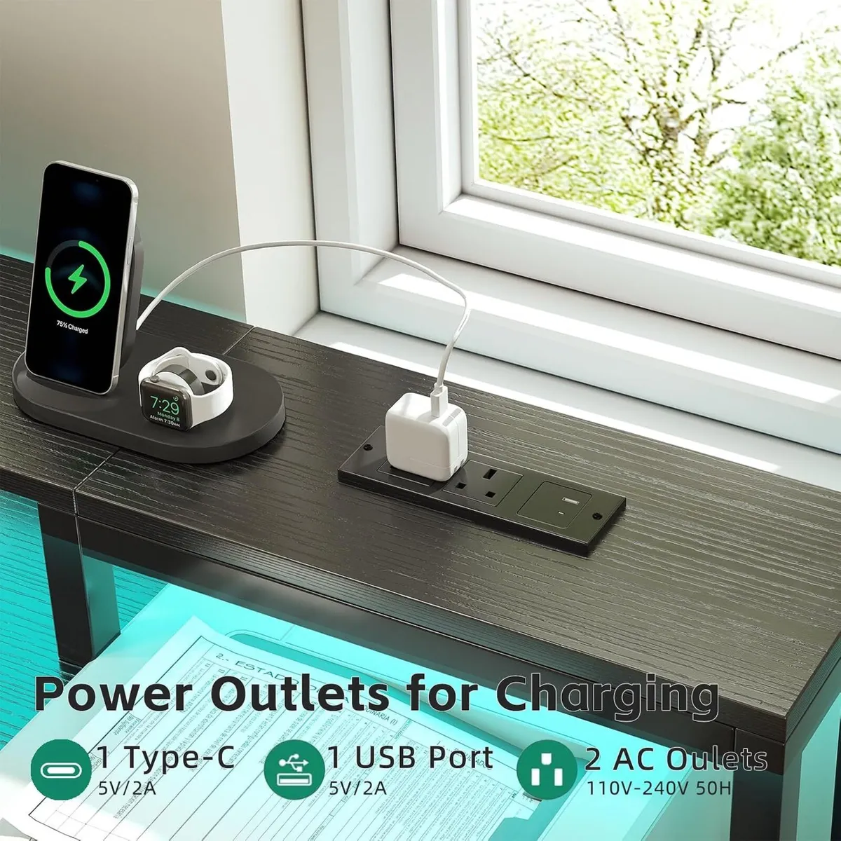 Gaming Desk with LED Lights Power Outlets 120x50CM - Image 4
