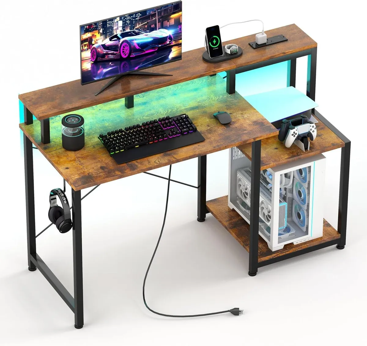 Gaming Desk with LED Lights Power Outlets 120x50CM - Image 1