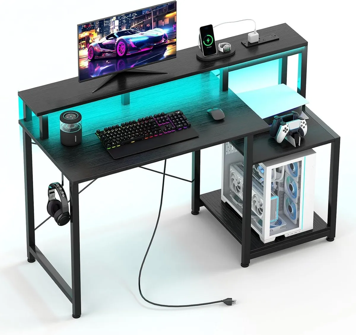 Gaming Desk with LED Lights Power Outlets 120x50CM - Image 1