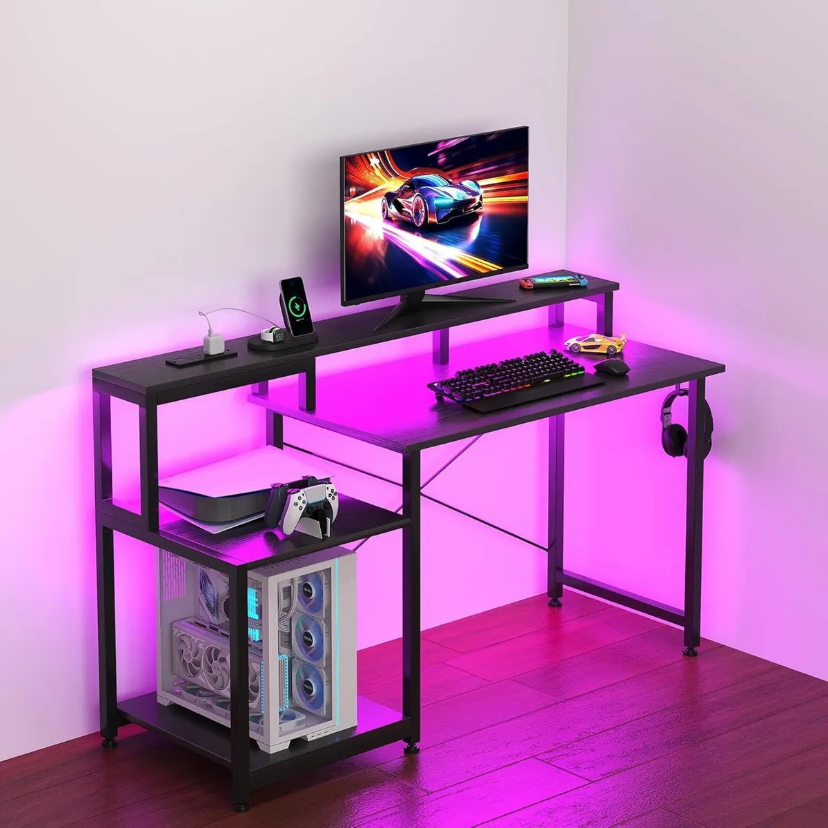 Gaming Desk with LED Lights Power Outlets 120x50CM - Image 2