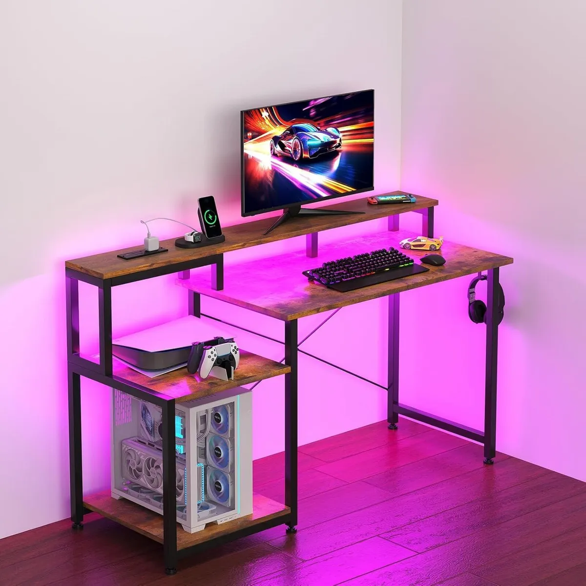 Gaming Desk with LED Lights Power Outlets 120x50CM - Image 2