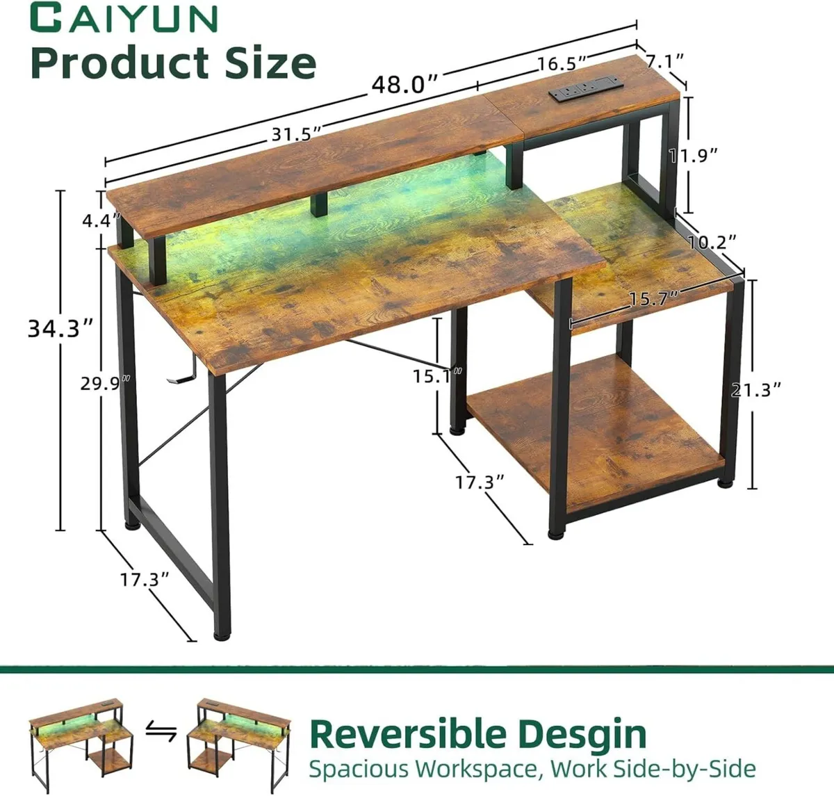 Gaming Desk with LED Lights Power Outlets 120x50CM - Image 3
