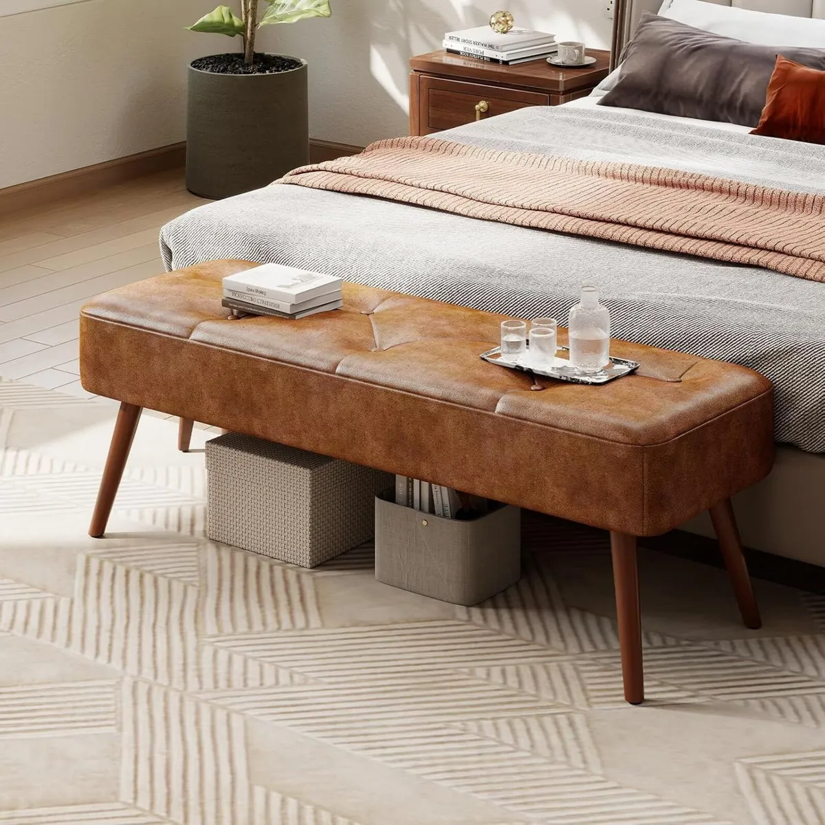 112CM Tufted Faux Leather Bench Modern End - Image 1