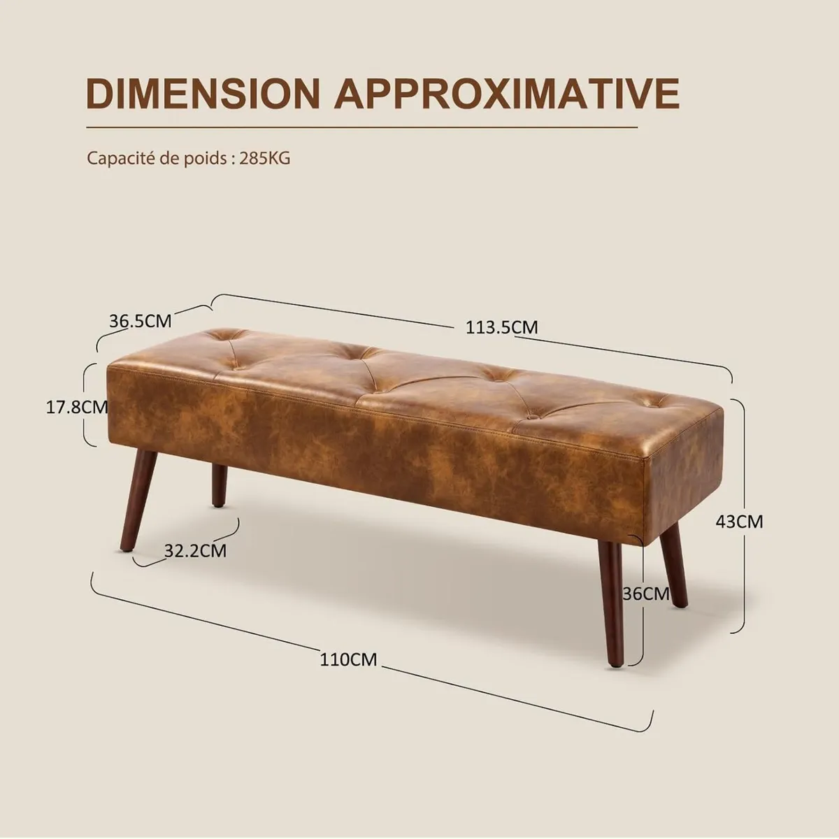 112CM Tufted Faux Leather Bench Modern End - Image 2