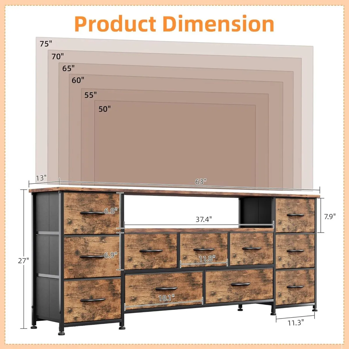 63" TV Cabinet Dresser for Bedroom with 11 - Image 3