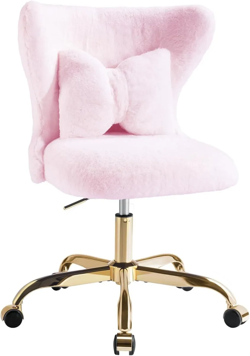 Vanity Chair with Wheels Bow Pillow Fluffy Desk - Image 1