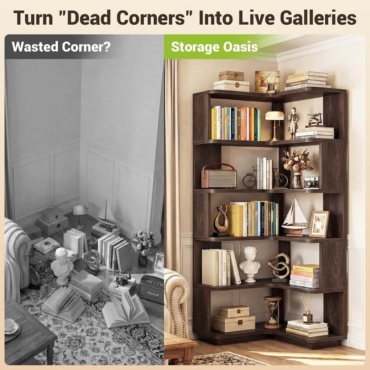 5-Tier Corner Bookshelf L-Shaped Bookcase - Image 4