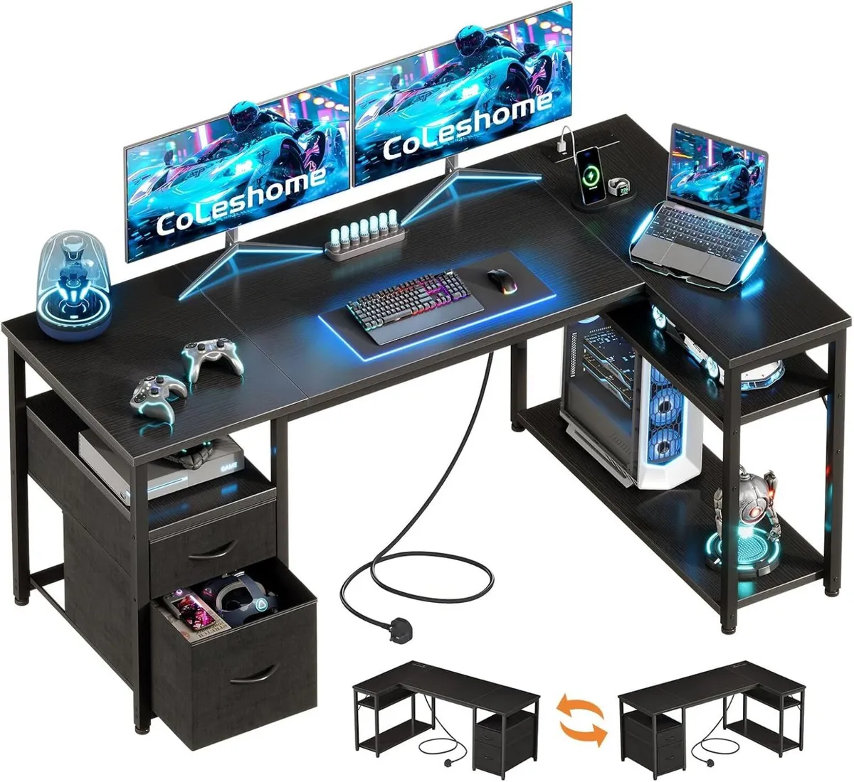 Corner Computer Desk with Drawers and Shelves - Image 1