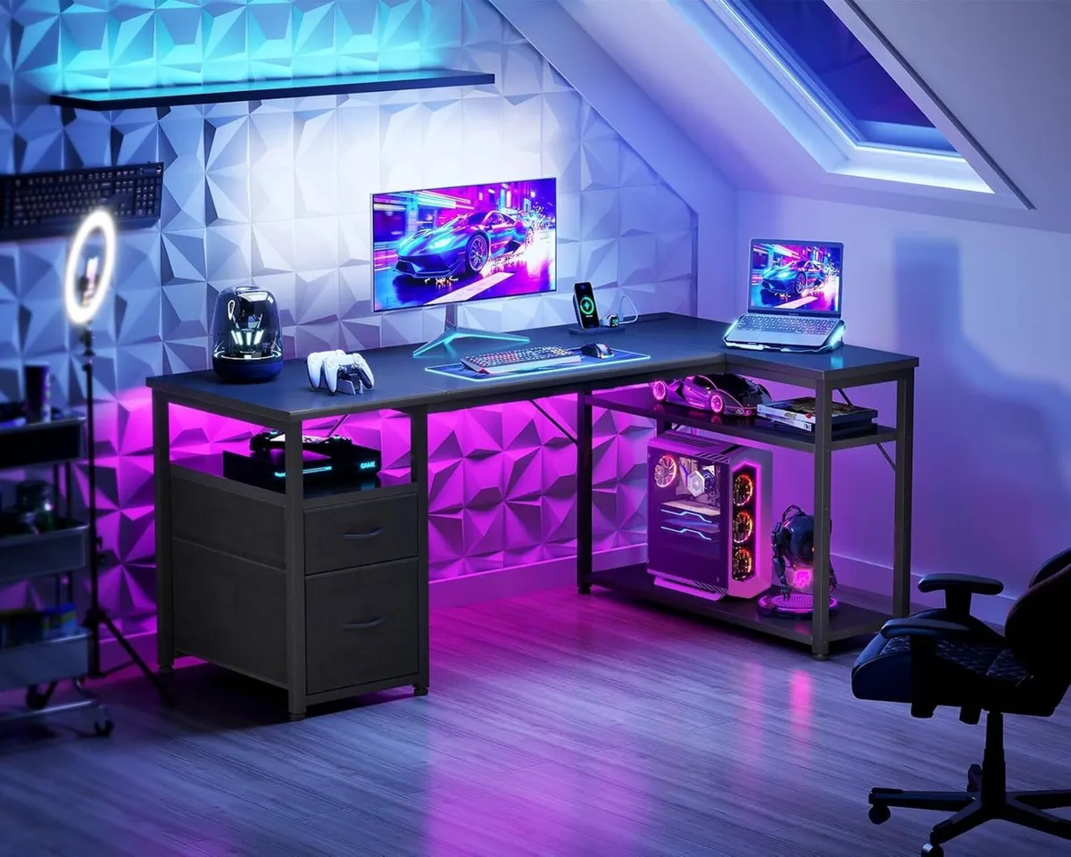 Corner Computer Desk with Drawers and Shelves - Image 2