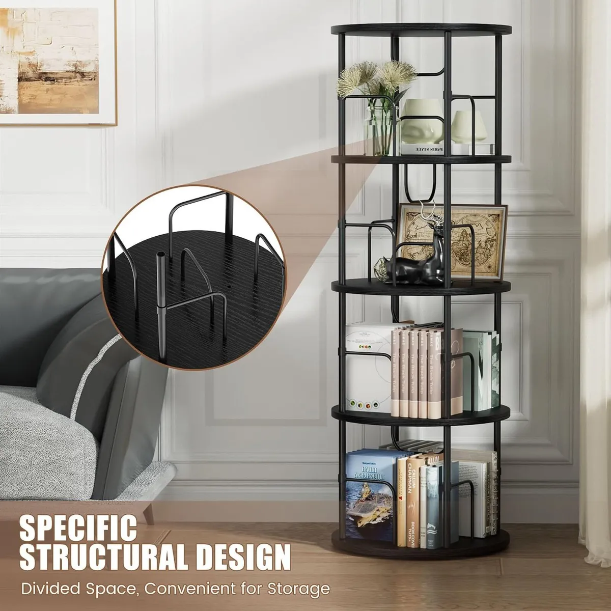 6 Tier Rotating Bookshelf Corner Tower Round - Image 3