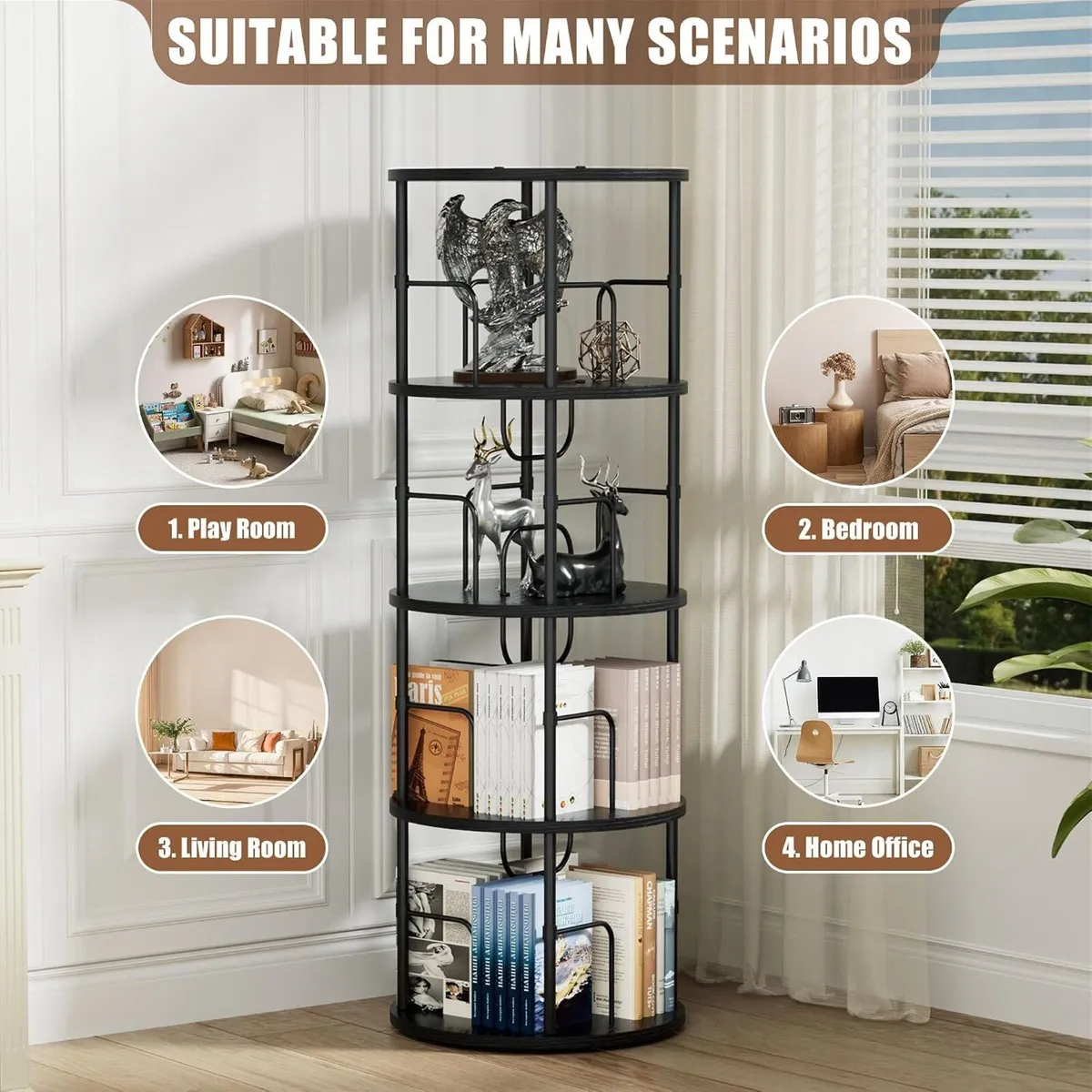 6 Tier Rotating Bookshelf Corner Tower Round - Image 4