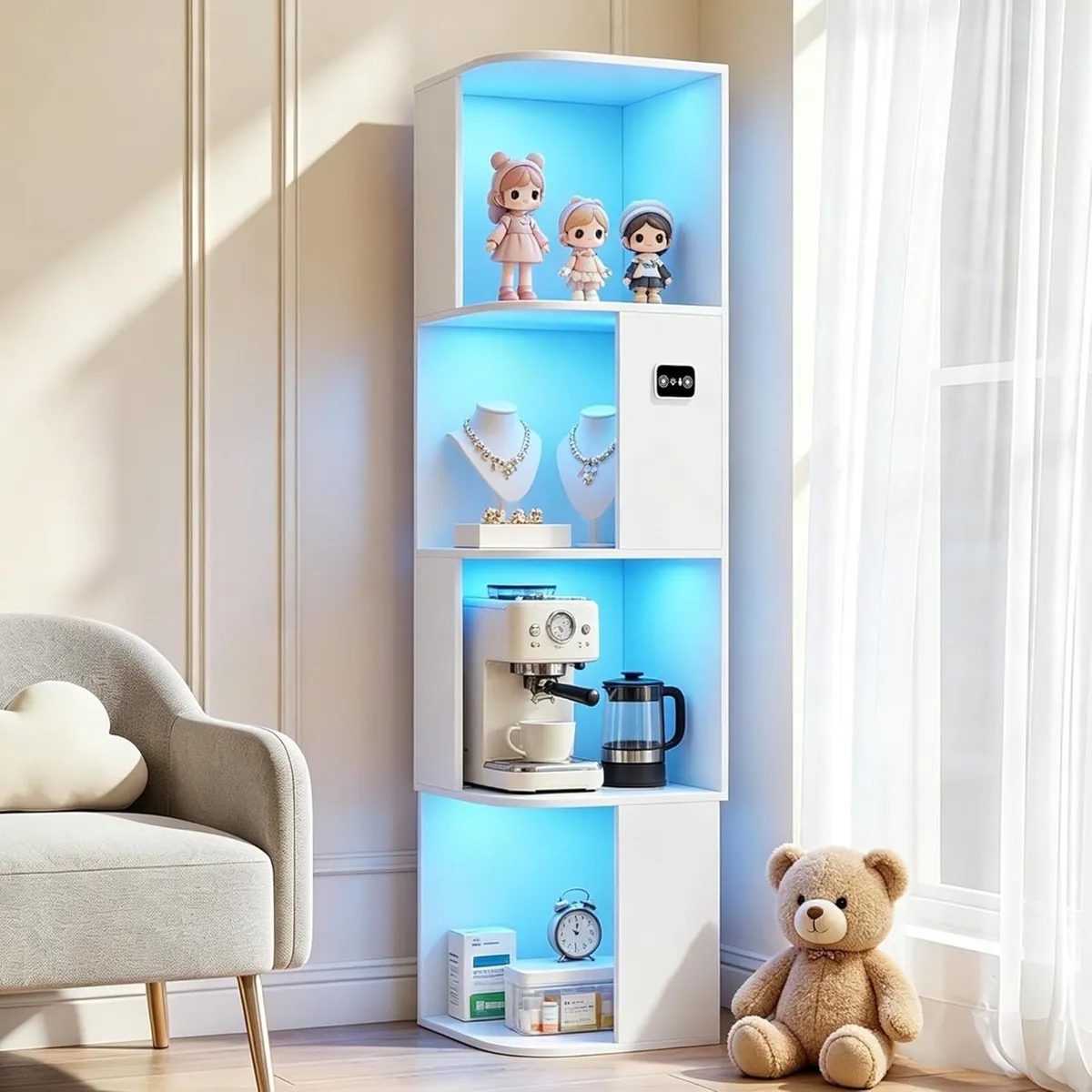 4-Tiers Corner Bookcase with 3 Colour Lights Human - Image 1