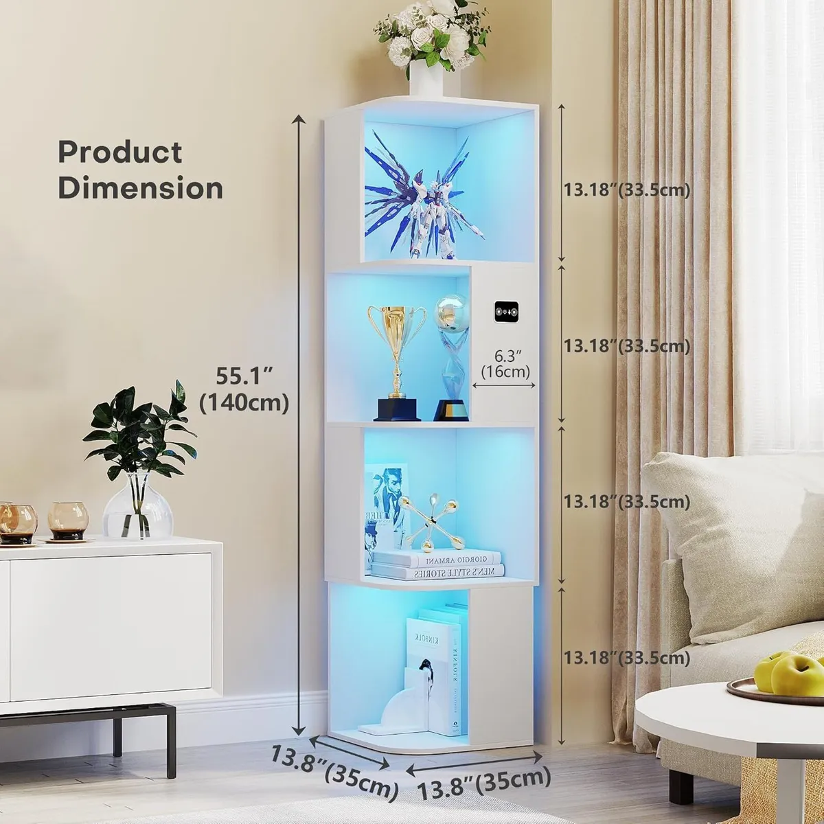 4-Tiers Corner Bookcase with 3 Colour Lights Human - Image 2